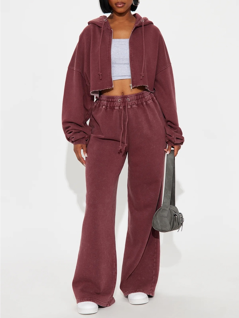 Fashion nova Cropped Hoodie & Wide-Leg Sweatpants Set - Burgundy